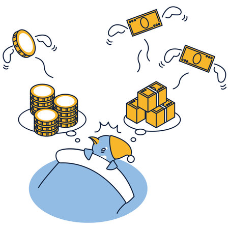 It is an illustration of a penguin who can not sleep because he is worried about money.のイラスト素材