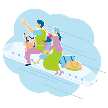 It is an illustration of a family and a pet traveling domestically on the Shinkansen.のイラスト素材
