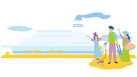It is an illustration of a family and pets traveling on a passenger ship.のイラスト素材