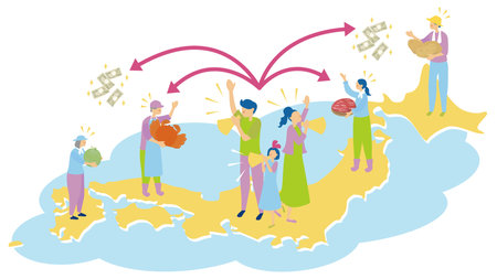 It is an illustration of a family that supports the community using hometown tax.のイラスト素材