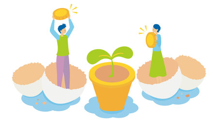 It is an illustration of a young couple who thinks about asset management through investment.のイラスト素材