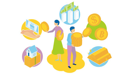 It is an illustration of a woman and a man who invest by distributing stocks.のイラスト素材