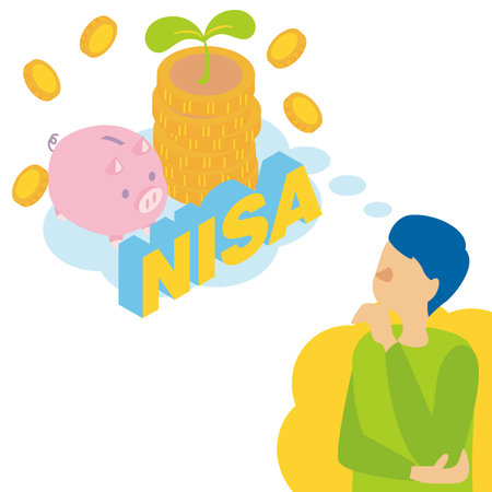 It is an illustration of a young man thinking about NISA.のイラスト素材