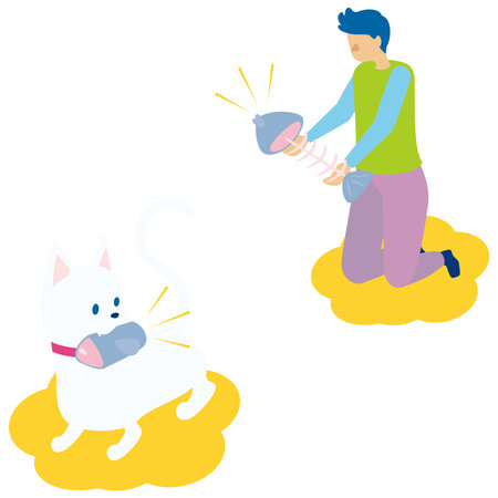 It is an illustration of a dog and a man who thinks that the head and tail should be given.のイラスト素材