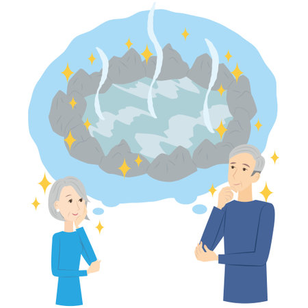 It is an illustration of a senior couple who wants to go on a hot spring trip.のイラスト素材