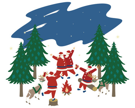 It is an illustration of Santa Claus who seems to be having fun surrounded by a bonfire with his friends in the forest.のイラスト素材