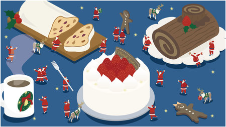 It is an isometric illustration of luxurious sweets and Santa Claus at a Christmas party.のイラスト素材