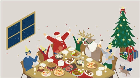 It is an illustration of a family enjoying a Christmas party with luxurious food.のイラスト素材