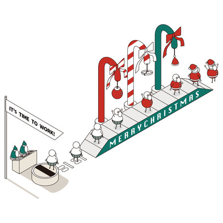 It is an isometric illustration of Santa Claus changing into his costume and going to work.のイラスト素材