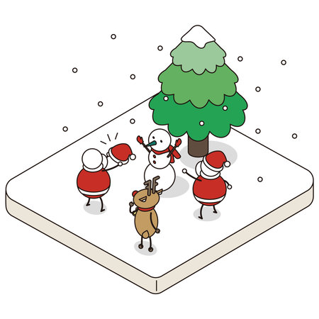 It is an isometric illustration of Santa Claus and reindeer making a snowman.のイラスト素材