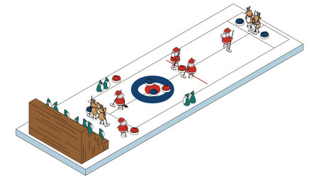 An isometric illustration of Santa Claus and a reindeer competing in curling.のイラスト素材