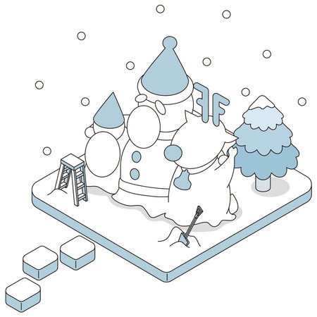 Isometric illustrations of snow sculptures with motifs of Santa Claus, reindeer, and fairies.のイラスト素材