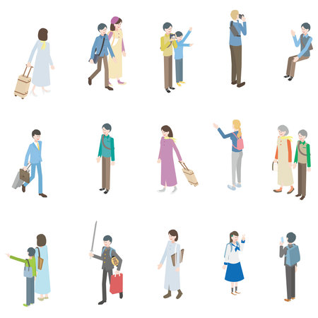 It is an isometric illustration set of tourists of all ages.のイラスト素材