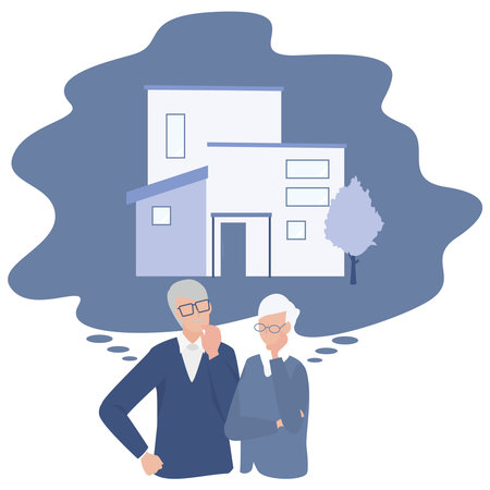 It is an illustration of a senior couple wondering whether to let go of their home.のイラスト素材