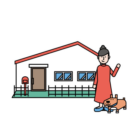 It is an illustration of a simple house, a young woman, and a pet dog (W type).のイラスト素材