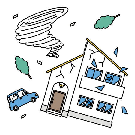 It is an illustration of a house and a car damaged by a tornado.のイラスト素材