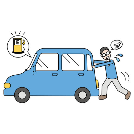 It is an illustration of a man who pushes a car that does not move due to lack of gas.のイラスト素材