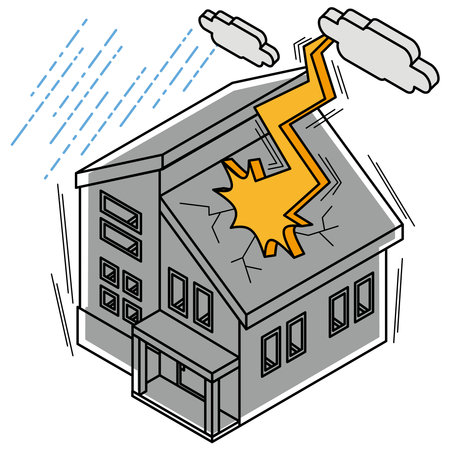 This is an isometric illustration of a house that was hit by lightning and had a power outage.のイラスト素材