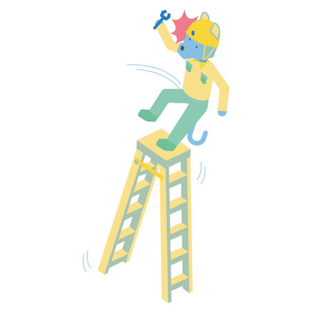 It is an isometric illustration of the wolf of the male worker who fell from the stepladder.のイラスト素材