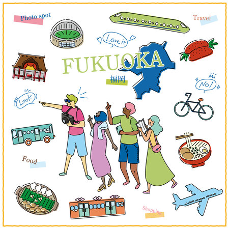 It is an illustration of an icon set (line drawing) with tourists who enjoy gourmet sightseeing in Fukuoka Prefecture, Japan.のイラスト素材