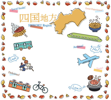 It is an illustration of a set (line drawing) of autumn gourmet tourism icons in the Shikoku region of Japan.のイラスト素材