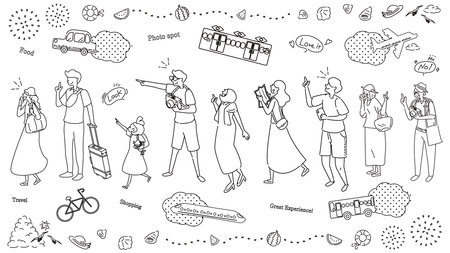 It is an illustration of a wide variety of people of all ages who enjoy sightseeing in summer and a set of vehicles (line drawing black and white).のイラスト素材