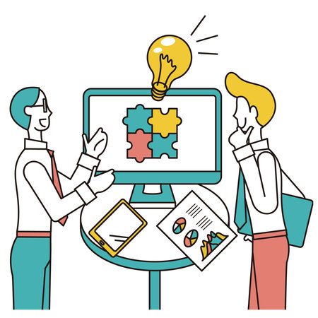 It is an illustration of a male business person and a Western man who have business negotiations in front of a monitor.のイラスト素材