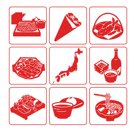 It is an illustration of a set (hanko) of icons related to Japanese gourmet.のイラスト素材