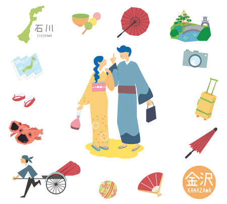 It is an illustration of a set (flat) of a kimono couple with an icon of Kanazawa's specialty sightseeing in Ishikawa, Japan.のイラスト素材