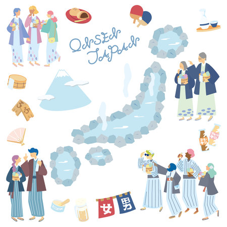 It is an illustration of a set (flat) of the whole Japanese archipelago hot spring and a person wearing a yukata.のイラスト素材