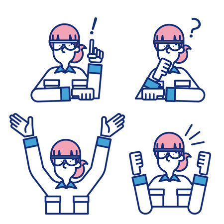 A simple icon set of a woman wearing work clothes and goggles.のイラスト素材