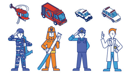 It is an illustration of a male occupation set (whole body) that protects the safety and health of the community.のイラスト素材