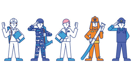It is an illustration of a male occupation set (whole body) (architecture, self-defense force, medical, delivery, firefighting, police).のイラスト素材