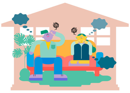 This is an illustration of a man and a woman resting at home because they are unwell due to stress.のイラスト素材