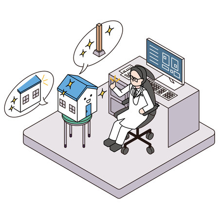 This is an isometric illustration of a detached house and a male doctor examining the house due to deterioration of the exterior walls and pillars.のイラスト素材
