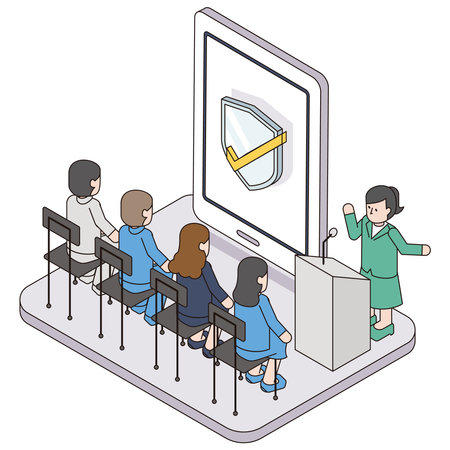 This is an isometric illustration of students and instructors taking security courses such as cyber attacks.のイラスト素材