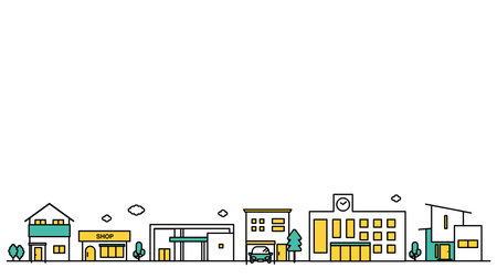 Illustration E is a simple line drawing of a cityscape in an area with many schools and low-rise residences.のイラスト素材