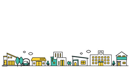 Illustration B is a simple line drawing of a cityscape in an area with many schools and low-rise residences.のイラスト素材