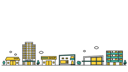 Illustration B is a simple line drawing of a cityscape with stores and hotels nearby.のイラスト素材