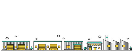 This is an illustration F of a simple line drawing of a cityscape in an industrial area with many factories.のイラスト素材
