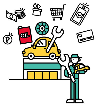 This is a simple line drawing illustration of an auto repair shop.のイラスト素材