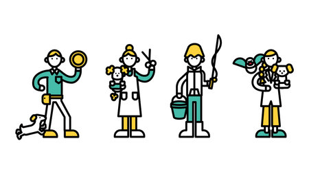 This is a simple line drawing of a person (B) working at various specialty stores.のイラスト素材