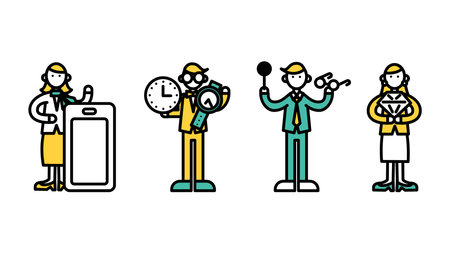 This is a simple line drawing of a person (A) working at various specialty stores.のイラスト素材