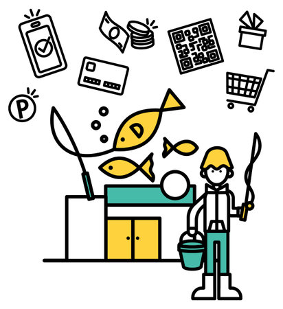 This is a simple line drawing illustration of an aquarium store.のイラスト素材