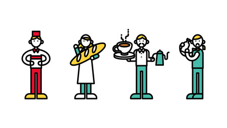 This is a simple line drawing of a person (A) working at a restaurant.のイラスト素材