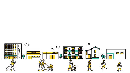 Illustration F (person) is a simple line drawing of a cityscape with stores and hotels nearby.のイラスト素材