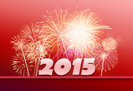 New Year 2015 with Fireworks,red backgroundの写真素材