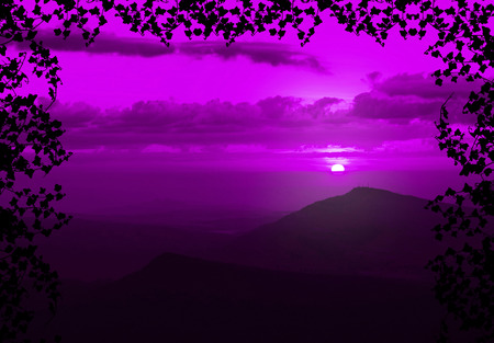 Beautiful sunset with cloud and mountain,tree foreground siluette frame,purple color toneの写真素材