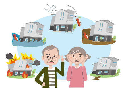 An old couple anxious about a housing disasterのイラスト素材