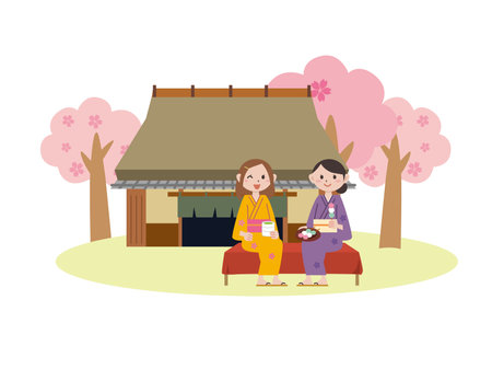 Spring Hanami Women Kimonoのイラスト素材